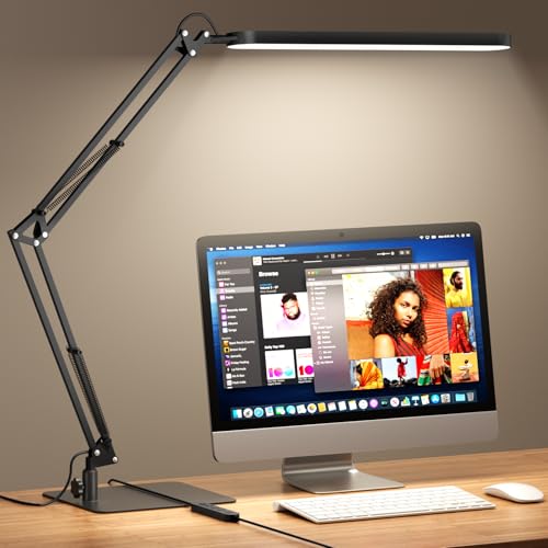 LED Desk Lamp with Slim Base - Adjustable Swing Arm Desk Light, Dimmable, Timer, Eye Protection, Memory Function, 1300LM, 12W, Black - style: Black swing arm with Base