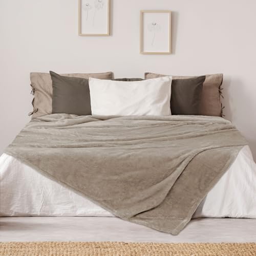 DEZ FURNISHINGS Ultra Soft Plush Fleece Throw Blanket, Double Sided Cozy Thick Warm Blanket for Sofa & Bed, Queen (90" x 92"), Taupe - color: Taupe, size: Queen (90" x 92")