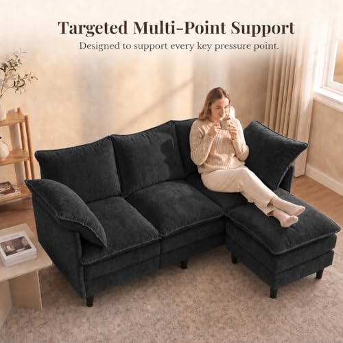 Convertible Sectional Sofa, 69" Small Cloud L-Shaped 3-Seat Couch with Movable Ottoman & Curved Armrest, Modern Chenille Fabric for Living Room, Apartment and Small Space, Black - color: Black, size: 3-Seat with Ottoman