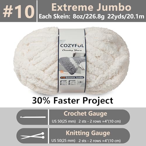 Cozyful Chunky Yarn for Hand Knitting - #10 Chunky Chenille Yarn, Jumbo Big Thick Chunky Yarns for Crocheting, Super Bulky Chunky Knit Blanket Yarns, 8 Skein (22 yds 8 oz Each Skein), Beige White - color: Beige White