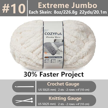 Cozyful Chunky Yarn for Hand Knitting - #10 Chunky Chenille Yarn, Jumbo Big Thick Chunky Yarns for Crocheting, Super Bulky Chunky Knit Blanket Yarns, 8 Skein (22 yds 8 oz Each Skein), Beige White - color: Beige White