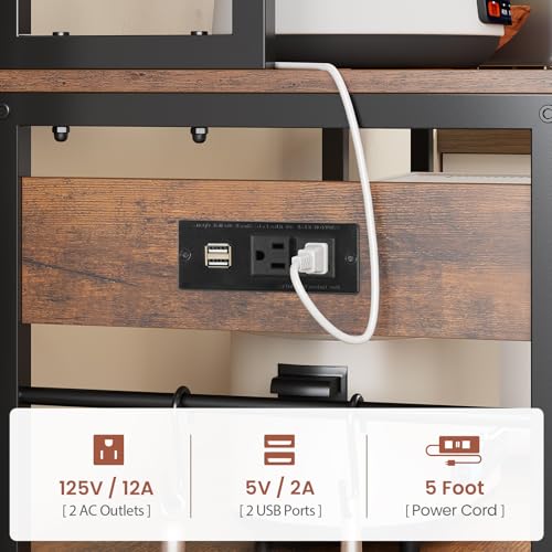 Itaar 47.2 Inch Bakers Rack with Power Outlet, Microwave Stand with Storage, Farmhouse Coffee Bar Cabinet Station with Wine Rack, Iron Mesh and 8-S Hooks (Rustic Brown) - color: Rustic Brown