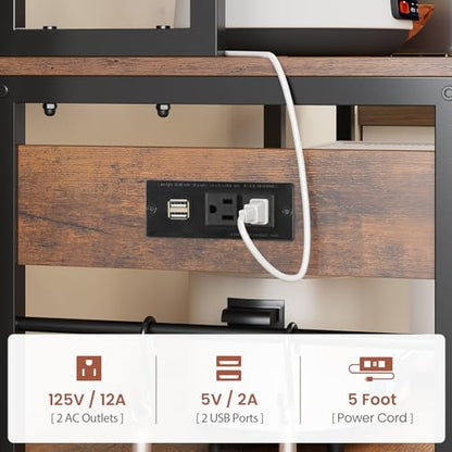 Itaar 47.2 Inch Bakers Rack with Power Outlet, Microwave Stand with Storage, Farmhouse Coffee Bar Cabinet Station with Wine Rack, Iron Mesh and 8-S Hooks (Rustic Brown) - color: Rustic Brown