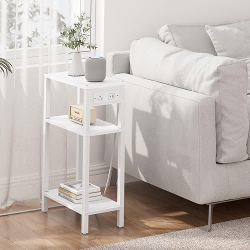 TUTOTAK Narrow Side Table, 3-Tier Small End Table with Charging Station | Skinny Sofa Table, Slim Nightstand, Easy Assembly for Living Room, Bedroom, White TB01BW079 - color: White, size: 3-tier