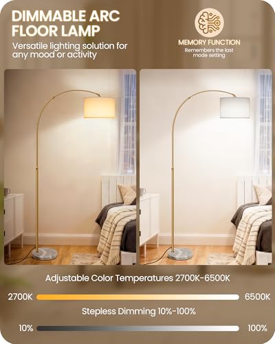 75" Arc Floor Lamp with Marble Base and Adjustable Height, Rotating Hanging Shade, Dimmable Floor Lamp for Living Room with Remote and Foot Switch, 3CCT, Over Couch Arched Light, White Gold DW15LD05 - color: Gold + White