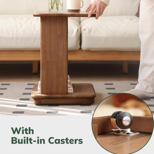 100% Solid Wood C-Shaped End Table for Couch, Rolling Side Table with Wheels, C Table for Small Space, Living Room, Bedroom, Walnut Finish, 19.69" H - color: Walnut-19.69"h