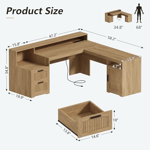 63" Fluted L Shaped Desk with Drawers & Printer Shelf for Home Office | Corner Computer Desk with Storage, Power Outlets, L Shaped Office Desk with Monitor Stand, Printer Shelf, Oak - color: Oak