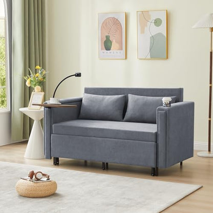 Pull Out Sofa Bed, 2-in-1 Multi-Functional Sleeper Couch Small Loveseat Bed with Hidden Side Table, Phone Holder and Cup Holder for Living Room, Small Space, Apartment (Grey) - color: 2-in-1 Grey 2 Seater