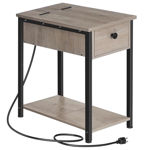 HOOBRO End Table with Charging Station, Narrow Side Table, Small Nightstand, Bedside Tables with Drawer and Storage Shelves, for Small Spaces, Living Room, Bedroom, Greige and Black BG041BZ01G1 - color: Greige+black