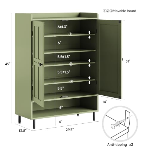 Shoe Cabinet with Cross Molding Doors, 6-Tier Storage, Green | 45'' Tall Shoe Storage Organizer with 3 Adjustable Shelves & Metal Legs, Freestanding Wood Shoe Rack for Entryway, Front Door - color: Green