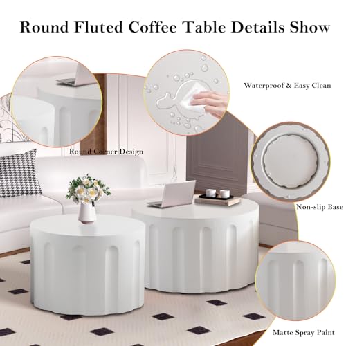 Nesting Coffee Table Set of 2 with Non-Slip Feet (White 26.8+19.7in) | Modern White Matte Spray Paint Accent End Table Set No Assembling for Living Room - color: White 26.8+19.7in