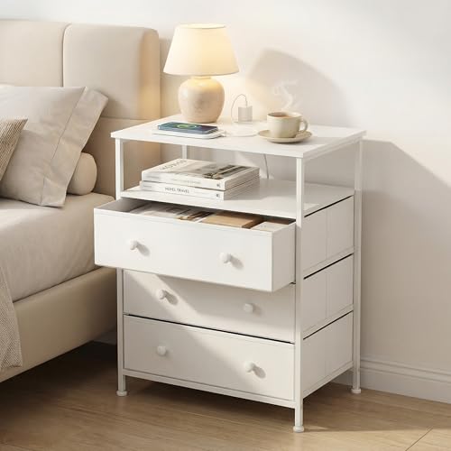 3-Drawer LED Nightstand with Charging Station, White | Engineered Wood and Steel, 2 AC and 2 USB ports, 24 Inch Wide, RGB App Control, Fabric Drawers, Open Storage Shelf - color: White