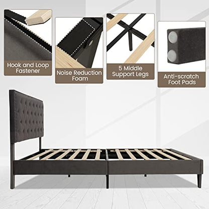 Upholstered Queen Bed Frame, Velvet Mattress Foundation w/Solid Wooden Slats Support, Button Tufted & Nailhead Trim Headboard, No Box Spring Needed, Easy Assembly, Low Platform Bed Frame - size: Queen (U.S. Standard)