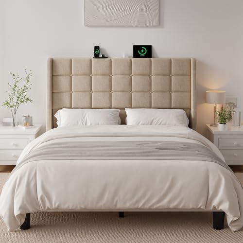 Ergonomic Upholstered Headboard Queen Size w/Charging Station, Linen Wingback Headboards w/Storage Pocket, Queen Headboard Only, Bed Frame Adapters, Sturdy Stable Solid Wood Bed Head Board, Beige - color: Beige, size: Queen