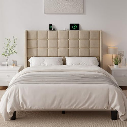 Ergonomic Upholstered Headboard Queen Size w/Charging Station, Linen Wingback Headboards w/Storage Pocket, Queen Headboard Only, Bed Frame Adapters, Sturdy Stable Solid Wood Bed Head Board, Beige - color: Beige, size: Queen