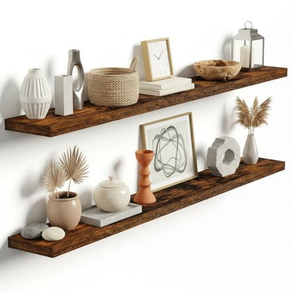 Vivelove Floating Shelves 9 inch Deep 55”Long Set of 2, Rustic Brown | Easy Install With Hardware, 1.5" Thick, Invisible Brackets, Wall Mounted, No Sagging, For Any Room - color: Rustic Brown, size: 55”wx9.3”dx1.5”h
