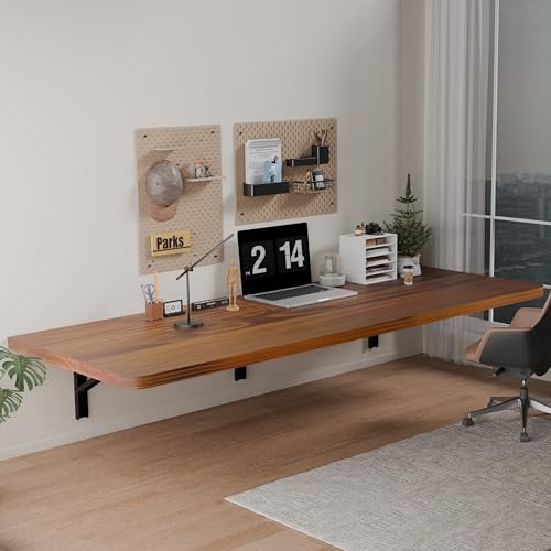 IAE Floating Wall Mounted Folding Table Desk with Pine Wood,60x22in, Teak | Foldable Workbench,Fold Down Wall Mounted Foldable Desk with Shelf Brackets,Laundry Folding Table for Home,Dining,Kitchen - color: Teak, size: 60*22*10 Inch