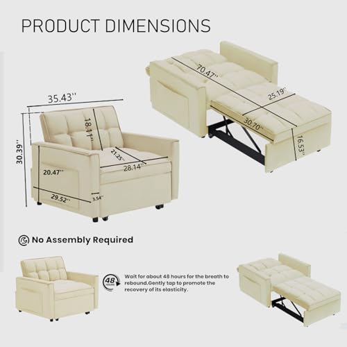 3 In 1 Velvet Convertible Sofa Bed, Pull Out Couch Bed with Reclining Backrest And 2 Pillows, 54" Full Size Loveseat Sleeper Sofa Futon Couch Bed, Couches For Small Spaces, Living Room (Cream White) - color: Cream White