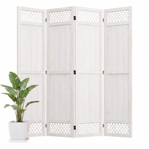Wood Room Divider Privacy Screen, White Carved Room Divider 4 Panel 67" | No-Assembly Required, Freestanding Indoor Folding Panel Decor for Bedroom, Office or Apartment - color: White, size: 4 Panel