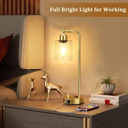 Innqoo Gold Table Lamp for Bedroom - Industrial Bedside Lamp with USB Port and Outlet, Fully Dimmable Nightstand Lamp with Clear Glass Shade, Small Desk Lamps for Home Office - color: Gold Base&Clear Shade