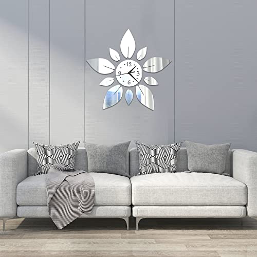 Acrylic Flower Mirror Wall Stickers, Silent DIY Wall Clock Decals | Self-Adhesive Crystal Decals, Silent Quartz Clock, Silver Petal Combo Decor For Home Apartment Office Wall Art