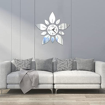 Acrylic Flower Mirror Wall Stickers, Silent DIY Wall Clock Decals | Self-Adhesive Crystal Decals, Silent Quartz Clock, Silver Petal Combo Decor For Home Apartment Office Wall Art
