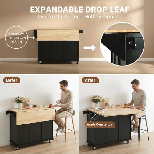 53'' Mobile Kitchen Island with Seating, Rolling Kitchen Island with Storage and Drop Leaf, 3 Drawers Islands Cart Rubberwood Top, 2 Open Shelves, Isla para Cocina, Black + 2 StooIs