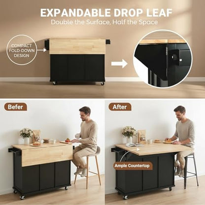 53'' Mobile Kitchen Island with Seating, Rolling Kitchen Island with Storage and Drop Leaf, 3 Drawers Islands Cart Rubberwood Top, 2 Open Shelves, Isla para Cocina, Black + 2 StooIs
