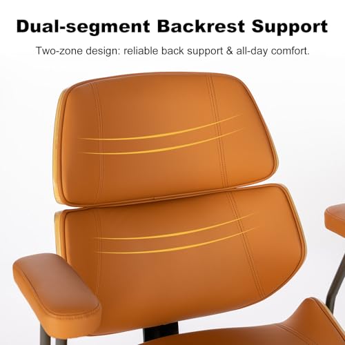 Mid Century Walnut Bentwood PU Leather Office Chair with Arms, Brown | Curved walnut bentwood back & seat; removable armrests; PU leather upholstery; swivel & rolling; for home office & study - color: Brown, size: 2-Section Back / No Headrest