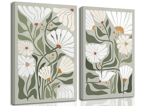 HSHFKLH 2 Pcs Boho Wildflowers Canvas Wall Art | Green Bohemia Abstract Floral Botanical Picture Wall Decor Poster Print Artwork for Living Room Bedroom Home Decoration - color: Canvas, size: 16x24in