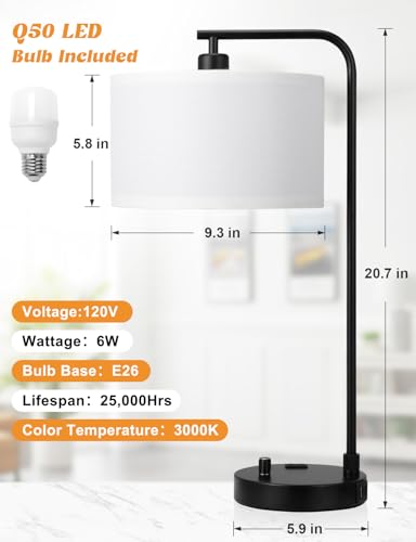 Innqoo White Side Table Lamp with USB Port and Outlet, Dimmable Nightstand Bedside Lamps with Linen Lampshade, Desk Lamp for Bedroom, Living Room, Guest Room, Home Office, LED Bulb Included - color: B-White Shade & Black Base