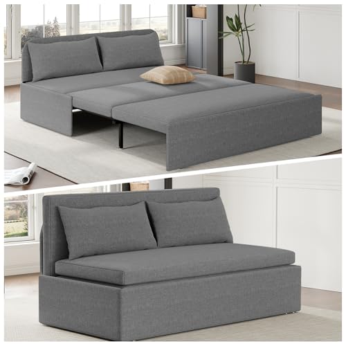 64.2" Queen Size Pull Out Sofa Bed，3-in-1 Linen Convertible Sleeper Sofa Bed,Loveseat Pullout Bed with Pillows and Tri-fold Mattress for Small Space/Bedroom,Light Grey - color: Light Grey, size: Queen