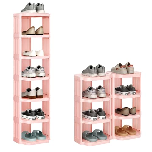 Kitstorack 8-Tier Vertical Plastic Shoe Rack, Freestanding Stackable Shoe Storage Organizer Cubes Shoe Shelf Tower or Small Closets and Tight Spaces, Pink - color: Pink, size: 8 Tiers
