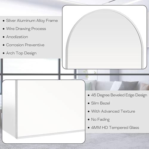 Silver Arched Mirror 20x30in, Metal Framed Bathroom Vanity Wall | Tempered Glass, Shatter Proof, Living Room Bedroom Entryway, Modern Elegant Design - color: Silver, size: 30"L x 20"W, style: Arched