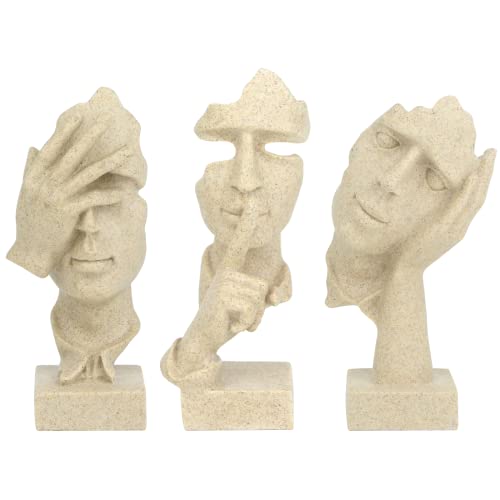 prosfalt 3 Pcs Thinker Statue, Silence is Gold Abstract Art Figurine, No Hear No See No Speak Modern Home Resin Sculptures Decorative Objects Decor for Home Office Bookshelf Desktop(Sandstone) - color: 3 Pcs Sandstone