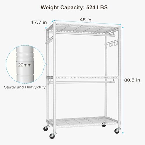 P1 Plus Rolling Clothes Rack, 22mm Diameter Heavy Duty Garment Rack | Freestanding Clothing Rack with Wheels and Double Rods, Portable Closet Wardrobe System Max Load 524lbs, White - color: White, size: P1 Plus