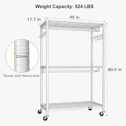 P1 Plus Rolling Clothes Rack, 22mm Diameter Heavy Duty Garment Rack | Freestanding Clothing Rack with Wheels and Double Rods, Portable Closet Wardrobe System Max Load 524lbs, White - color: White, size: P1 Plus