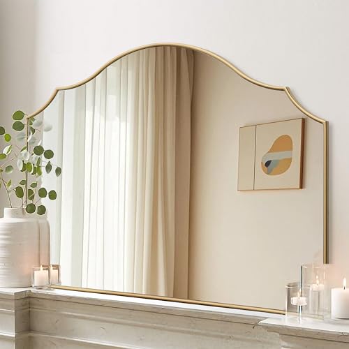 Besdomus Gold Scalloped Wall Mirror: 40"x29" Large Wooden Bathroom Mirror | Modern Minimalist Decorative Arched Mirror for Vanity/Dresser/Bedroom/Entryway/Fireplace/Living Room/Dining Room/Over Sink - color: Gold Leaf, size: 29"L x 40"W