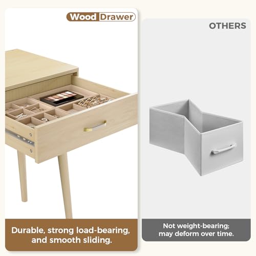 Small Wood Desk with Drawers, 40 Inch Vanity Desk no mirror, Writing Desk | FUNKOCO Study Desk with 4 Solid Legs, Modern Computer Desk for Small Spaces, Home Office - color: Wood