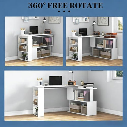 Writing Table Workstation L-Shaped Corner Desk, White | Particle board, laminated surface, 360° rotating design, large desk, 2-tier shelf