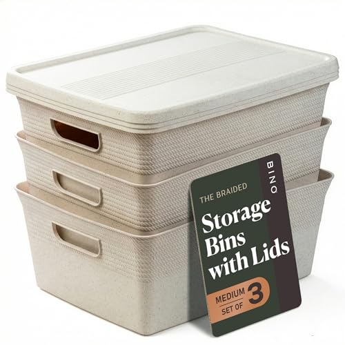 BINO | Plastic Storage Bins with Lids, 13 Liter - 3 Pack, Natural | THE BRAIDED COLLECTION | Plastic Bins for Organization Woven Storage Baskets for Organizing Pantry Shelf Organizer Basket Bin - color: Natural, size: 13L | 3-Pack