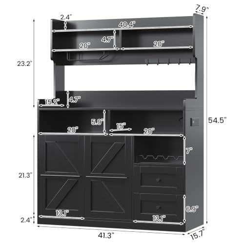 VVFLU Hutch Storage Buffet Cabinet with Drawers, and Charging Station, Coffee Bar Cabinet with Barn Doors, Wine Rack and Hooks, Black Wood Sideboard Buffet for Kitchen, Dining Room, 54.5" High - color: Black/Wood, size: 15.7"D x 41.3"W x 54.5"H