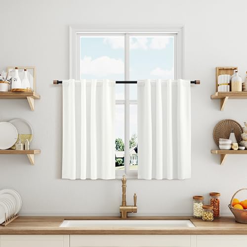 Ivory White 100% Blackout Kitchen Linen Curtains Back Tab 30 Inch Length Privacy Elegant Mini Cafe Curtain for Rustic Farmhouse Bathroom Thermal Insulated Bedroom Small Drape 26x30 - color: Ivory, size: 26"W x 30"L (Pack of 2)