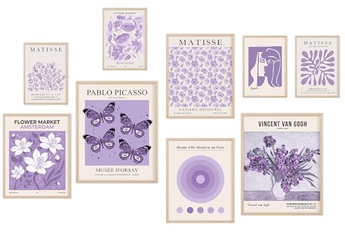 KONGSY Purple Wall Art Prints Set of 9, Lavender Abstract Matisse Exhibition Posters, Light Purple Wall Decor, Aesthetic Pictures Room Decor for Teen Girls Dorm, Bedroom - color: Purple
