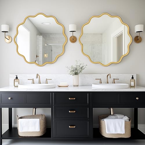 PROHOMEWARE Gold Round Mirror 28 Inch Wavy Bathroom Vanity Mirror Gold Frame Modern Wall Mirror Decorative Wall-Mounte Anti-Rust, Tempered Glass - color: Gold, size: 28"L x 28"W
