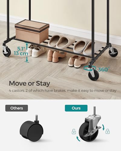 SONGMICS Heavy-Duty Clothes Rack, Double-Rod Clothing Rack for Hanging Clothes, Industrial Garment Rack on Wheels, Metal Frame, 2 Casters with Brakes, Commercial Display, Black UHSR60B | Industrial Garment Rack for Hanging Clothes, 2 Casters with Brakes,
