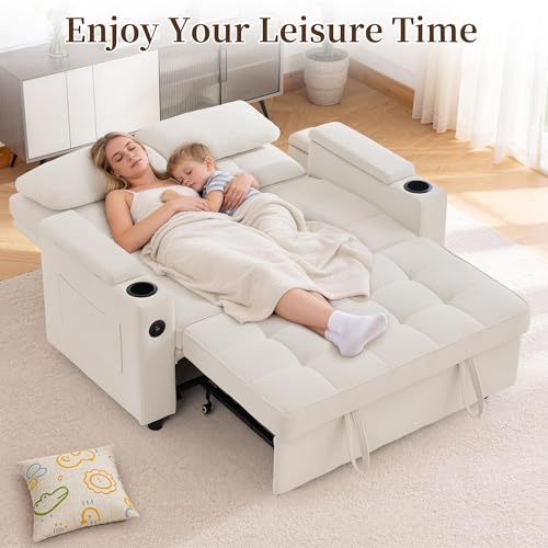 Korser 55.5'' 3-in-1 Convertible Sofa Bed, Pull Out Couch with 5-Position Adjustable Backrest, Loveseat Sleeper Sofa for Small Spaces, Sofa Couch with Cup Holders for Living Room, Office, Chenille - color: Beige