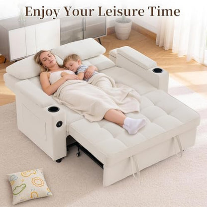 Korser 55.5'' 3-in-1 Convertible Sofa Bed, Pull Out Couch with 5-Position Adjustable Backrest, Loveseat Sleeper Sofa for Small Spaces, Sofa Couch with Cup Holders for Living Room, Office, Chenille - color: Beige