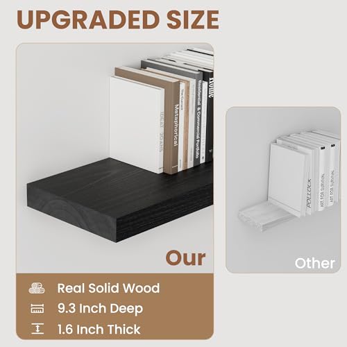 Fun Memories 9 Inch Deep Black Floating Shelves, Farmhouse Rustic Natural Wood Floating Shelf Wall Mounted, 16 x 9 Wall Shelves Set of 2, Deep Black Bathroom Shelves - color: Black, size: 16"W x 9.3"D