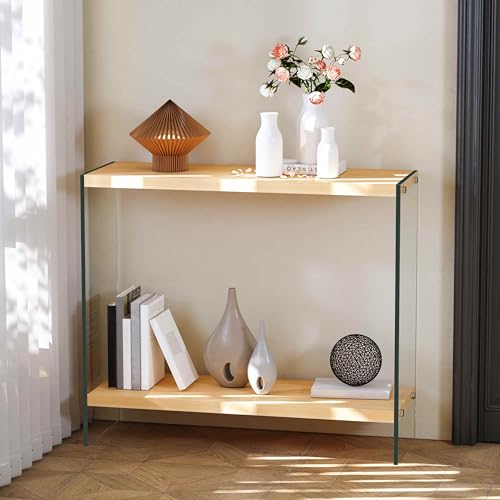 Console Table 2-Tier: 31.5 in Wide Rectangle Wood Shelf Glass Sides | Modern Desk Console Sofa Table Stand for Entryway - size: 31.5“W x 11.8"D x 30"H